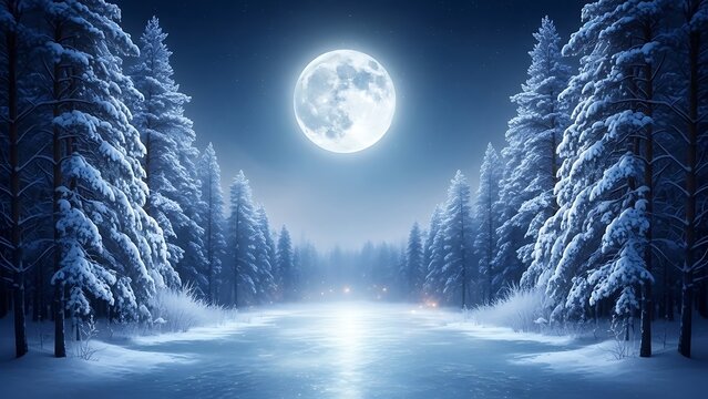 Snowy forest landscape with a full moon over an icy path winter trees - Powered by Adobe