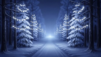 Snowy forest path lined with fir trees decorated with lights winter