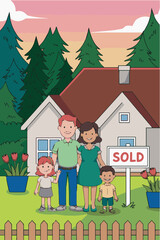 Naklejka premium Family buying sold new home real estate property investment dream house ownership mortgage loan and trees happy 100