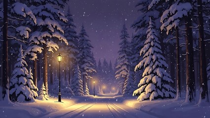 Snowy Forest Path Lined with Lamp Posts and Falling Snow winter road