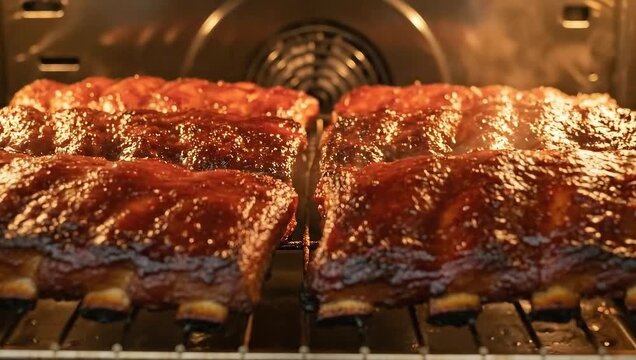 Juicy BBQ ribs cooking inside an oven, glistening with glaze