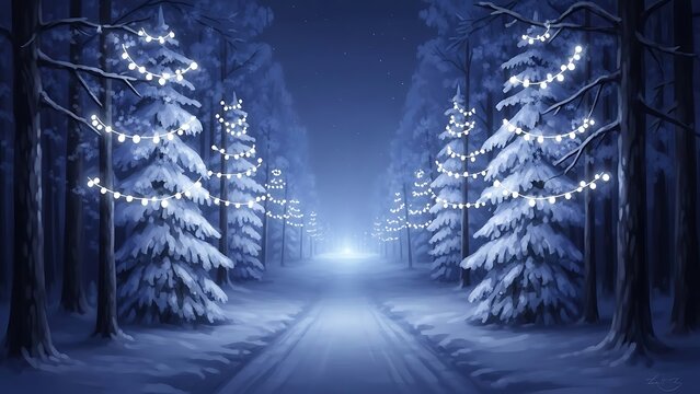 Snowy forest path lined with fir trees decorated with lights winter