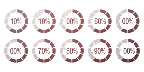 Circle percentage diagram, radial pie chart set showing 10% to 100% progress, ideal for infographics, data visualization, loading indicators, and vector percentage number icons, eps 10.