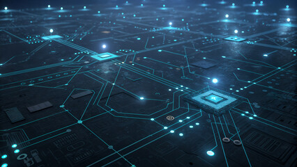Futuristic aerial city grid illuminated with glowing data paths, representing digital infrastructure, smart cities, network systems, and connected technology