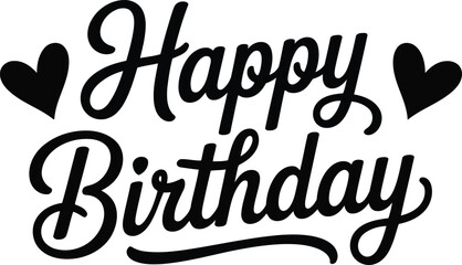 Happy Birthday text with decorative black hearts on a plain white surface