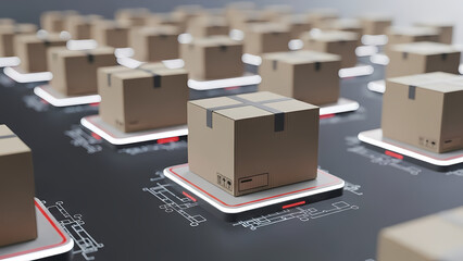 A digital representation of numerous cardboard boxes on a conveyor belt, symbolizing logistics and product delivery in the modern e-commerce world.