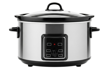 Modern stainless steel electric slow cooker kitchen appliance isolated on a transparent background