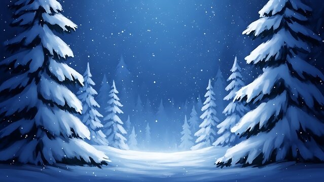 Snowfall in a dark blue winter forest at night trees pine trees - Powered by Adobe