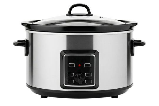Modern stainless steel electric slow cooker kitchen appliance isolated on a transparent background