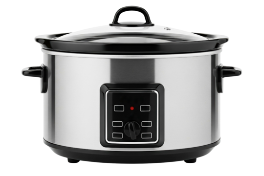 Modern stainless steel electric slow cooker kitchen appliance isolated on a transparent background