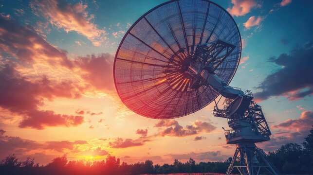 Radio telescope silhouetted against a dramatic sunset sky