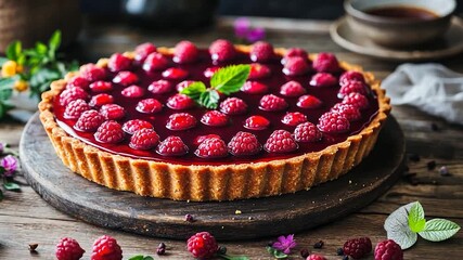 Raspberry tart on rustic wooden board - Powered by Adobe