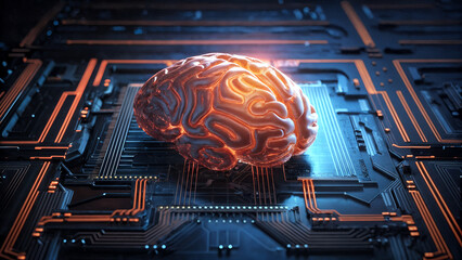 Glowing cybernetic brain on a digital circuit board, symbolizing artificial intelligence, advanced computing power, and neural processing technology