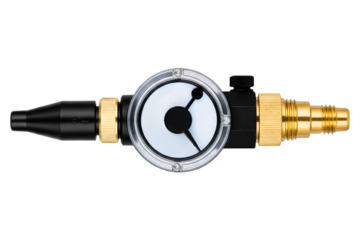 Industrial air pressure regulator valve with gauge and brass fitting isolated on a transparent background