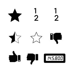 Collection of rating icons including stars, thumbs up, thumbs down, and a digital counter for user feedback and evaluation