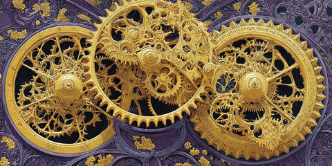 Intricate golden clockwork gears intricately detailed and interwoven creating a complex mechanical masterpiece of precision and artistry