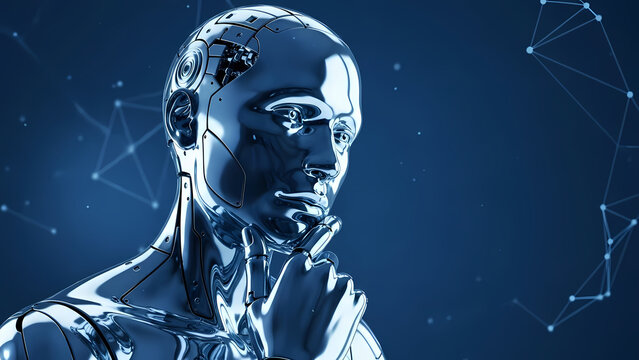A futuristic chrome robot contemplates with a thoughtful expression, set against a digital network background, representing artificial intelligence.
