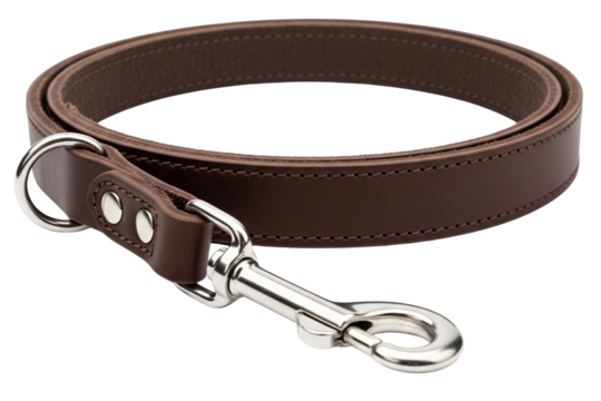 Rolled brown leather dog leash with metal carabiner for walking isolated on a transparent background