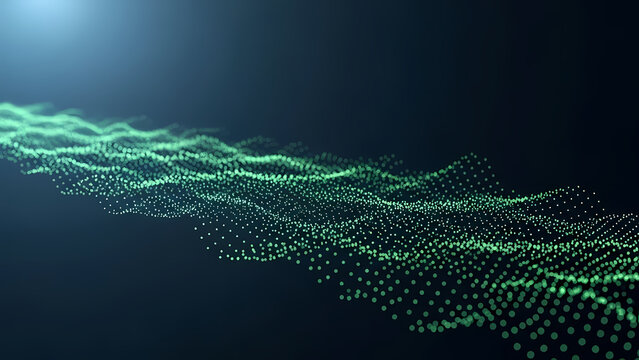 An abstract digital illustration showcases a flowing wave of interconnected green particles against a dark blue gradient background, evoking a sense of data movement.