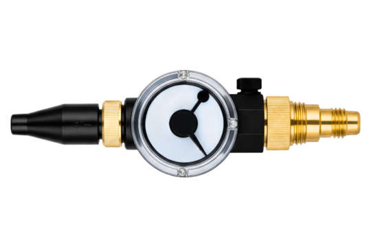 Industrial air pressure regulator valve with gauge and brass fitting isolated on a transparent background - Powered by Adobe