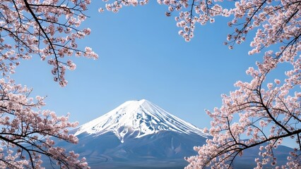 Majestic Mount Fuji framed by delicate pink cherry blossoms under a clear blue sky, capturing the essence of spring in Japan