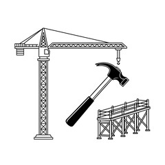 Construction site essentials with crane, hammer, and scaffolding, perfect for illustrating building projects and industry concepts
