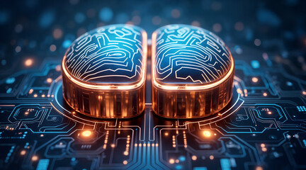 High-tech digital brain model with glowing circuitry, representing neural networks, artificial intelligence, deep learning, and advanced computation systems