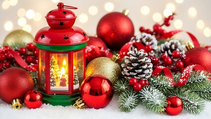 A festive Christmas composition with a glowing red lantern, shiny baubles, and fir branches on snow