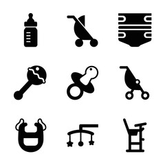 Essential baby care icons featuring feeding bottle, stroller, diaper, rattle, pacifier, bib, mobile, and high chair for new parents