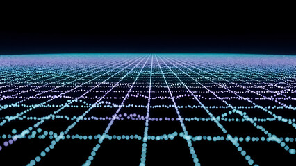 Abstract digital landscape of glowing dots forming a grid pattern against a dark background, representing data visualization.