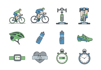 Vibrant cycling essentials illustration showcasing a collection of minimalist icons, promoting fitness and healthy lifestyle choices