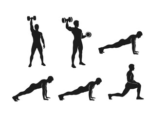 Silhouette Fitness Man Exercising with Dumbbells and Bodyweight