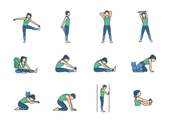 Versatile vector set featuring diverse yoga poses and stretching exercises for fitness enthusiasts