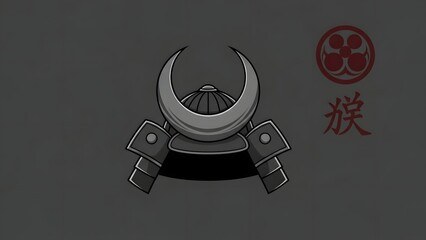 Traditional Japanese Samurai Helmet with Cultural Emblem and Japanese Script