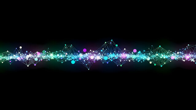 A vibrant digital waveform pulses with radiant colors, showcasing data visualization and technological advancements against a stark black background.