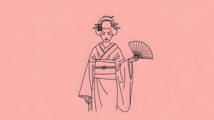 Elegant minimalist illustration of a traditional Japanese woman in a kimono with an intricate hairstyle, holding a delicate fan, showcasing cultural grace