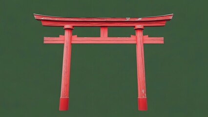 Iconic vibrant red traditional Japanese Torii gate against a serene green background, symbolizing spiritual passage and cultural heritage