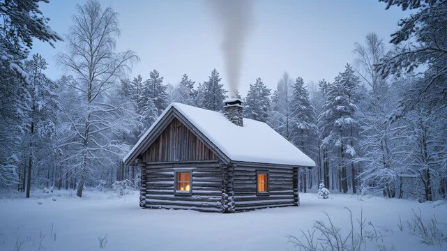 small wooden cabin in snowy forest with warm chimney smoke rising, peaceful isolated winter solstice vibe, perfect for winter solstice