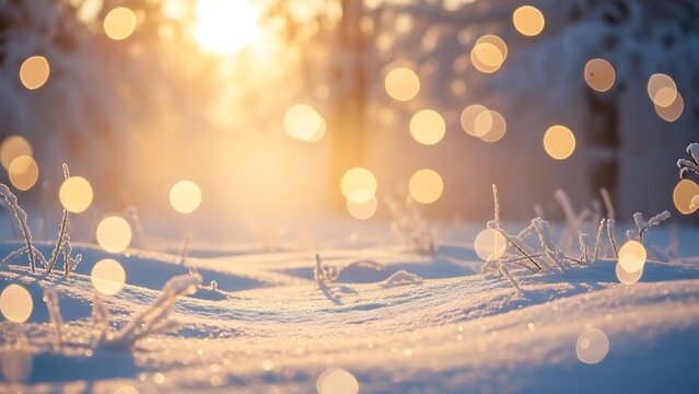 Winter sun shining through snow-covered branches with bokeh effect, creating a magical atmosphere