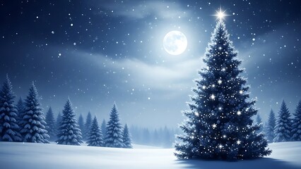 Illuminated Christmas Tree Under Full Moon In Snowy Landscape winter night