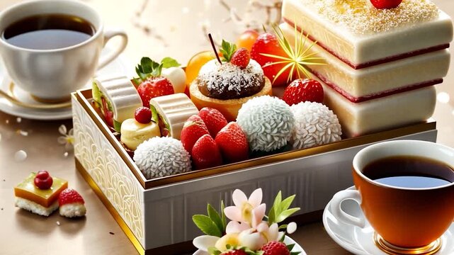 Assorted sweets and tea in a decorative box