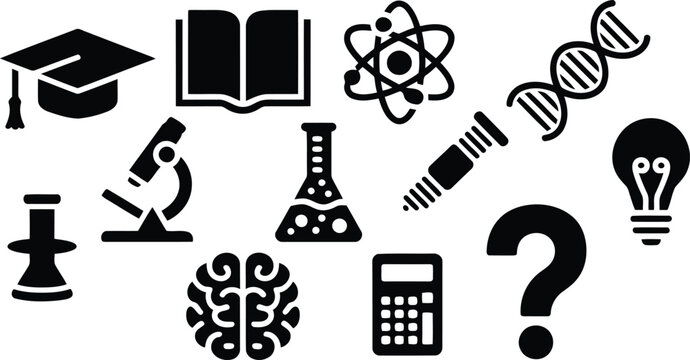 Variety of black science and education icons symbolizing knowledge, research, and academic discovery on white