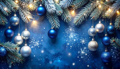 Festive blue and silver Christmas baubles elegantly adorn frosted pine branches illuminated by warm fairy lights, creating a magical winter wonderland