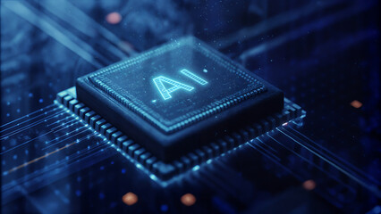 AI microchip glowing on a futuristic motherboard, symbolizing next-generation computing power, advanced processors, machine learning acceleration, high-performance hardware, and modern artificial inte