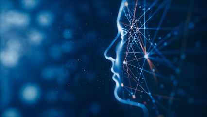 Futuristic AI human face made of digital neural connections, representing deep learning, synthetic intelligence, virtual modeling, cognitive systems, and modern artificial intelligence technology in a