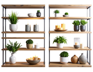 Aesthetic Shelf Styling with Plants and Candles Quad Pack, isolated on transparent background