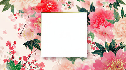 和の美しさが際立つ花柄フレーム背景素材　金の装飾と紅白の花が調和した高級感ある和風デザイン　季節の挨拶状や装飾演出に最適なテンプレート画像