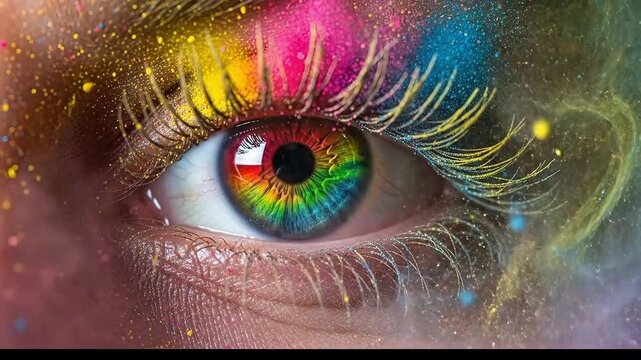 Experience vibrant color bursts and captivating eye art in this mesmerizing video, perfect for beauty, fashion, or artistic inspiration