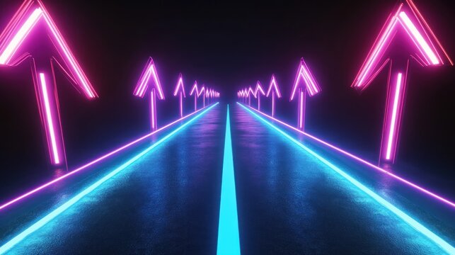 Glowing neon arrows point forward on a glossy surface in a dark tunnel