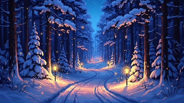 Enchanted Snowy Forest Path With Lanterns And Christmas Trees winter